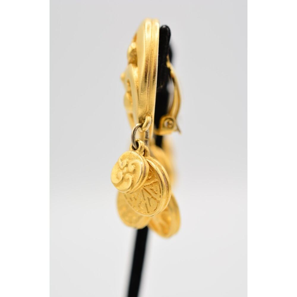 Givenchy Vintage Coin Clip On Earrings Brushed Gold Logo Etruscan Signed BinQ - Picture 10 of 12